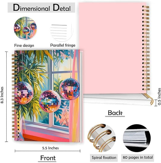 Vibrant Trendy Disco Balls Notebook, Funky Mirror Ball Journal, Maximalist Tropical Botanical Disco Journal, Modern Aesthetic Hardcover Spiral Notebook, 5.5x8.3 Inch