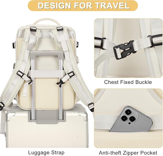 coofay Beige Travel Backpack For Women Men Airline Approved Personal Item Carry On Flight Approved Waterproof Backpack For Traveling On Airplane Weekender Travel Bag