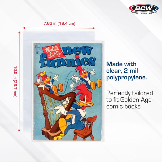 BCW Thick Golden Age Comic Bags - 100 ct | Crystal Clear, Acid-Free Protection, Polypropylene Sleeves | Comic Bags for Secure Storage of Standard Golden Comics Collection
