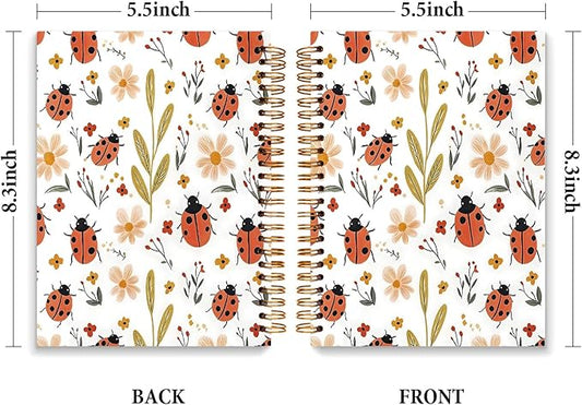 JXREQ Cute Ladybug Floral Notebook Insects Botanical Journal Gifts for Women Note Taking Writing Study, Office School Supplise, Aesthetic Spiral Notebooks 5.5x8.3