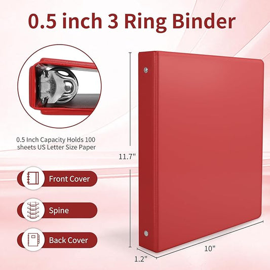 0.5-inch 3 Ring Binder with 2 Inside Pockets, 0.5'' Basic Binders Holds US Letter Size 8.5'' x 11'' Paper - Versatile Binders for Office, School and Home Use (Pack of 12, Assorted Color)
