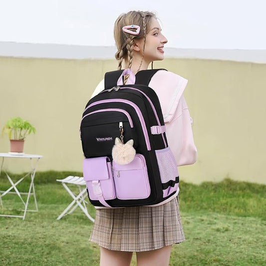 3PCS School Backpack For Student Women College Middle High Teen Girls Bookbag Waterproof Laptop Bag Black Purple