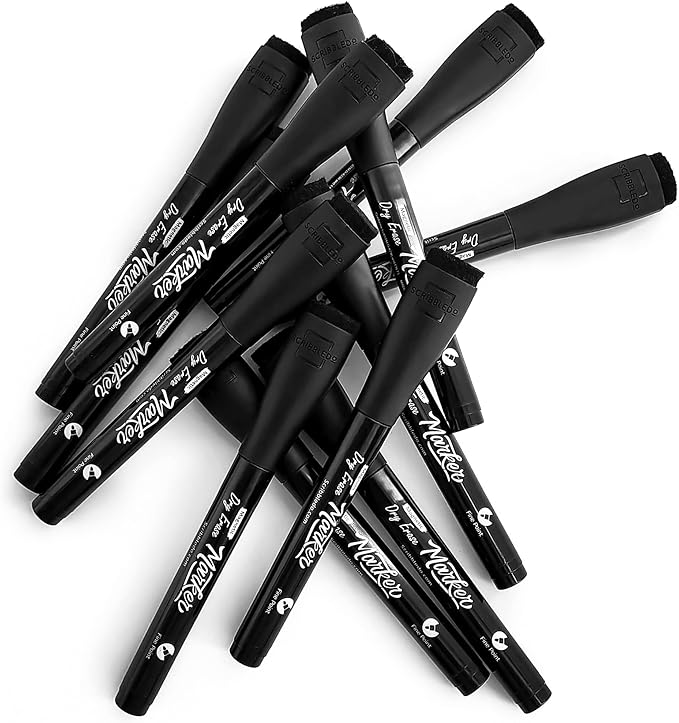 Scribbledo 12 Pack Magnetic Dry Erase Markers Black Fine Tip Whiteboard Markers with Eraser Cap Thin Low Odor Skinny White Board Markers for Adults Students Teachers Kids Art Home School & Office