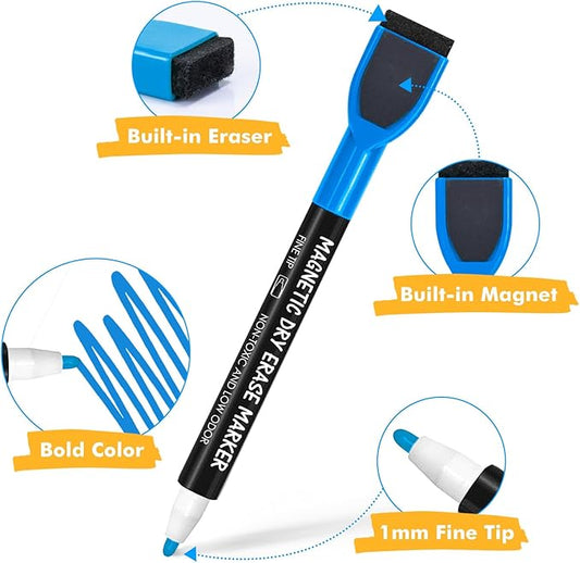 maxtek 24 Count Magnetic Dry Erase Markers, Fine Tip, 12 Colors Whiteboard Markers with Built-in Eraser, Low Odor Thin Markers