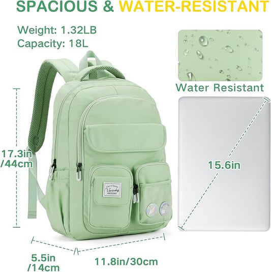 VASCHY Backpack for Girls, Cute School Bag Bookbag for Elementary Middle Schooler Teen Girls/Kids Travel with Clear Pin Pouch Green