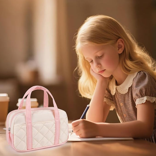 2 Compartment Pencil Case For Girls,Zipper Pencil Bag With Handle, Large Capacity quilting Pencil Pouch Organizer Aesthetic, Womens Soft Pencil Box Marker Pouch For Middle School Office College