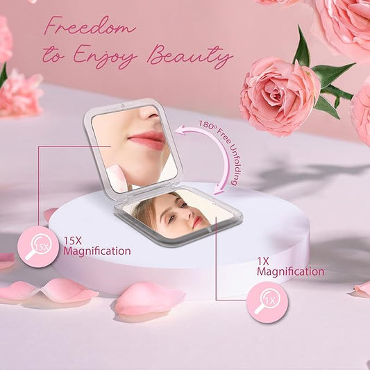 Compact Travel Magnifying Mirror - Snowflakes Small Pocket Mirror -1x/15x Magnification Cosmetic Mirrors Handheld Portable for Travel and Purses (Silver)