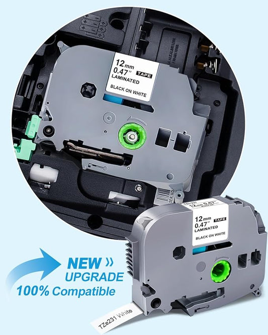 Label Maker Tape Refill 12mm 0.47 Laminated White Replace for Brother P-Touch Label Tape TZe TZ TZe-231 TZe231 Compatible with Brother P Touch PTD210 PTD220 PTH110 PTH111, Black on White, 6 Pack