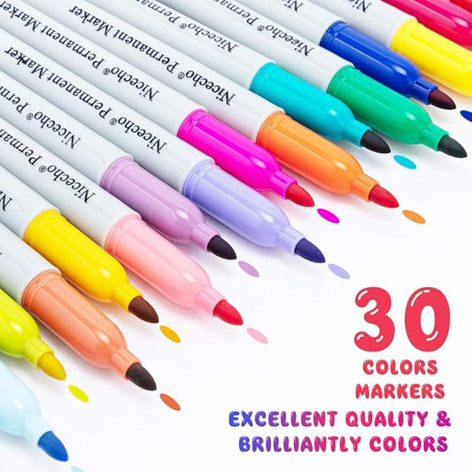 Nicecho Permanent Markers, 30 Colored Fine Point Marker Pens, Waterproof Marker Works on Paper, Plastic, Wood, Metal and Glass