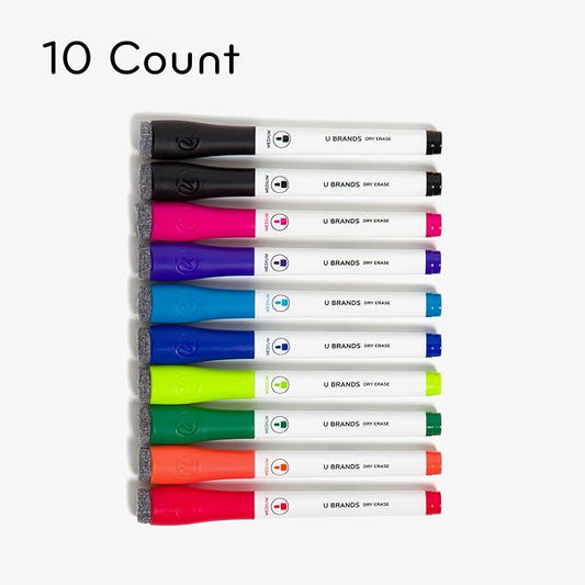 U Brands Low-Odor Dry Erase Markers With Erasers, Set of 10, Assorted Colors, Medium (2mm) Point (Pack of 2)