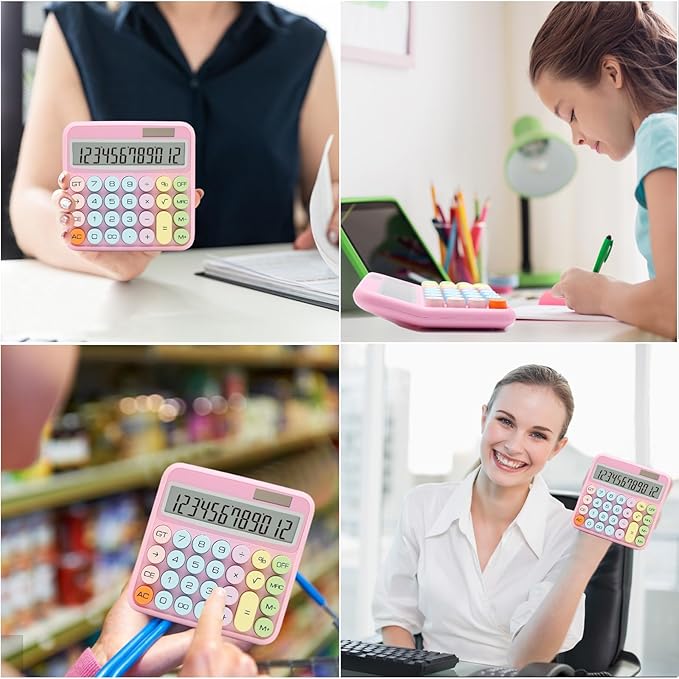 Pink Calculator, Standard Calculator 12 Digit with Large LCD Display and Big Buttons,Pink Office Accessories for Women Desk,Cute Calculator for Office,School, Home,Business(Colorful Pink)