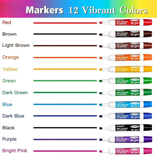 Dry Erase Markers, Chisel Tip Whiteboard Markers, Low Odor Thick Dry Marker, 12 Pack 12 Assorted Color Markers for Classroom, Office & Home Use