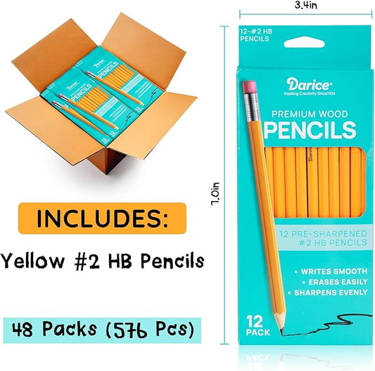 Darice Wood-Cased Pencils, 576pc Bulk Pre-sharpened #2 HB Pencils with Eraser for Classroom Back to School Supplies, 12 x 48 Pack