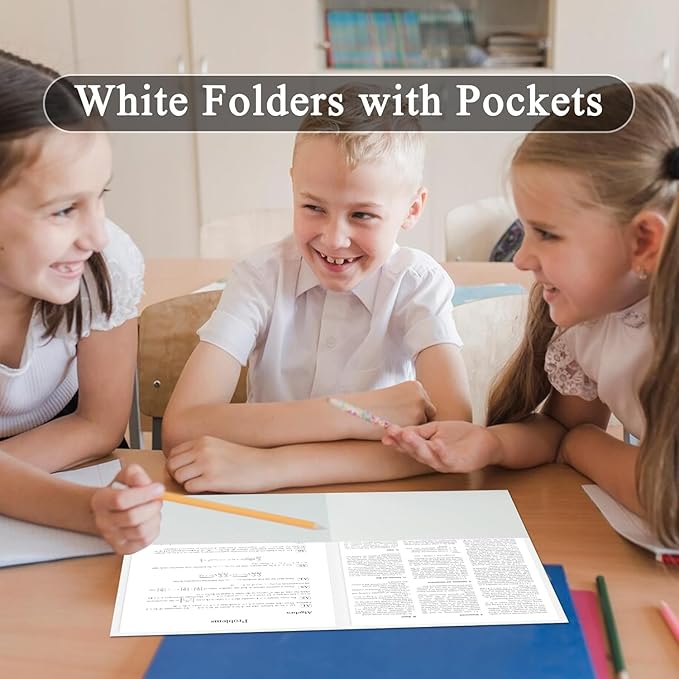 Zzrywuty 100 Packs Two Pocket File Folders with Business Card Slot,Textured Paper,Letter Size,Holds 100 Sheets for School,Office,Business,White