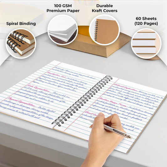 12 Pack Spiral Wide Ruled Journal Notebook, 5.8 x 8.3, 120 Pages (60 Sheets), 100 GSM, A5 Executive Kraft Hardcover Notebooks, Perfect for Work, Office, School, Travel, Business, Note Taking