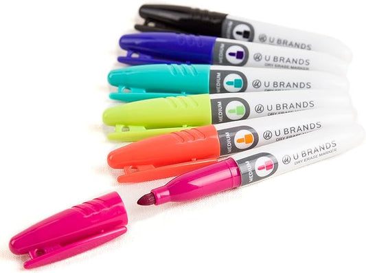 U Brands Low Odor Mini Dry Erase Markers, Medium Point, Assorted Colors, 6-Count and Magnetic Dry Erase Board Eraser