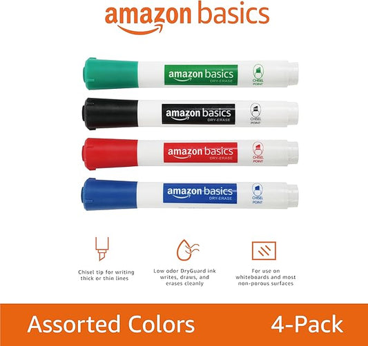 Amazon Basics Low-Odor Chisel Tip Dry Erase Whiteboard Marker, Pack of 4, Black, Red, Green, Blue