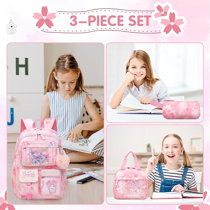 Lovely Girls Backpack School Bag for Students Kids Book Bag with Multiple Pockets Splash-proof Children's Backpack(17inch Set Pink)