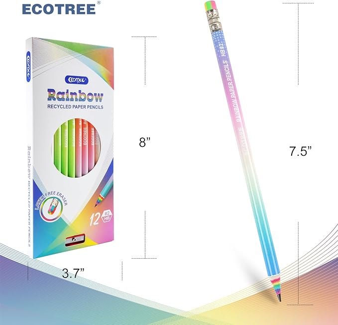 ECOTREE Pre-sharpened Pencils #2 Eco Rainbow Paper Pencil Cute Pencils for Kids Number 2 Pencil with Erasers for School, Writing, 24 Count