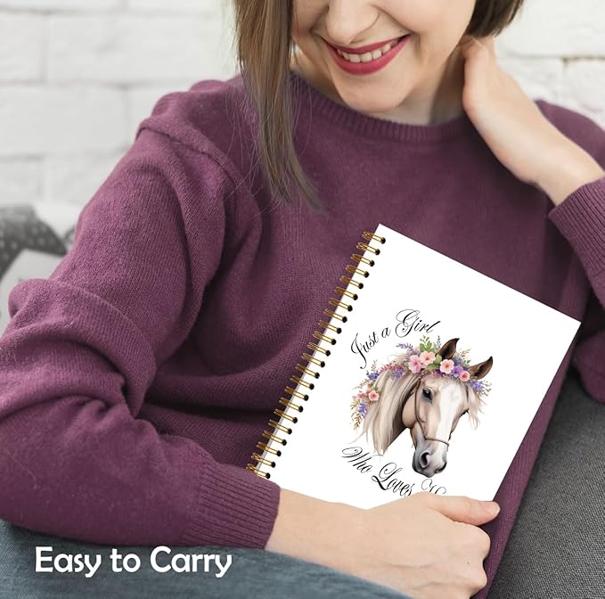 XUNLURY Just a Girl Who Loves Horses Notebook, Gifts for Horse Lovers Journal, Floral Horse Journal, Aesthetic Flower Farm Animal Hardcover Spiral Notebook, 5.5x8.3 Inch