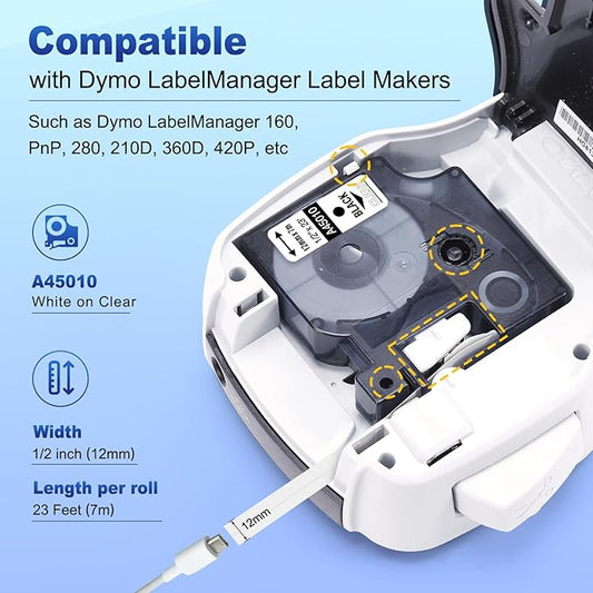 COLORWING Compatible with DYMO D1 Label Tape Black on Clear Replace for DYMO Label Maker Refills 45010 S0720500, 1/2Inch x 23Ft for Dymo LabelManager 160 210D 280 360D Label Maker, 6-Pack