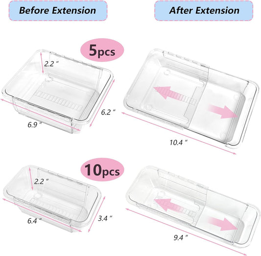 15 Pcs Clear Extendable Drawer Organizer,Adjustable Vanity Storage Box, 2-Size Desk Drawer Organizer, Acrylic Storage Bin for Makeup, Cosmetic,Desk Organizer Gadgets for Bathroom Bedroom Kitchen