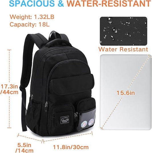 VASCHY Backpack for Girls, Cute School Bag Bookbag for Elementary Middle Schooler Teen Girls/Kids Travel with Clear Pin Pouch Black