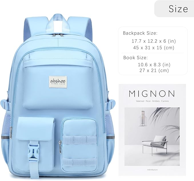 abshoo Big Student Laptop Backpack For College Women Middle High School Teen Girls Bookbag Travel Daypack (Light Blue)