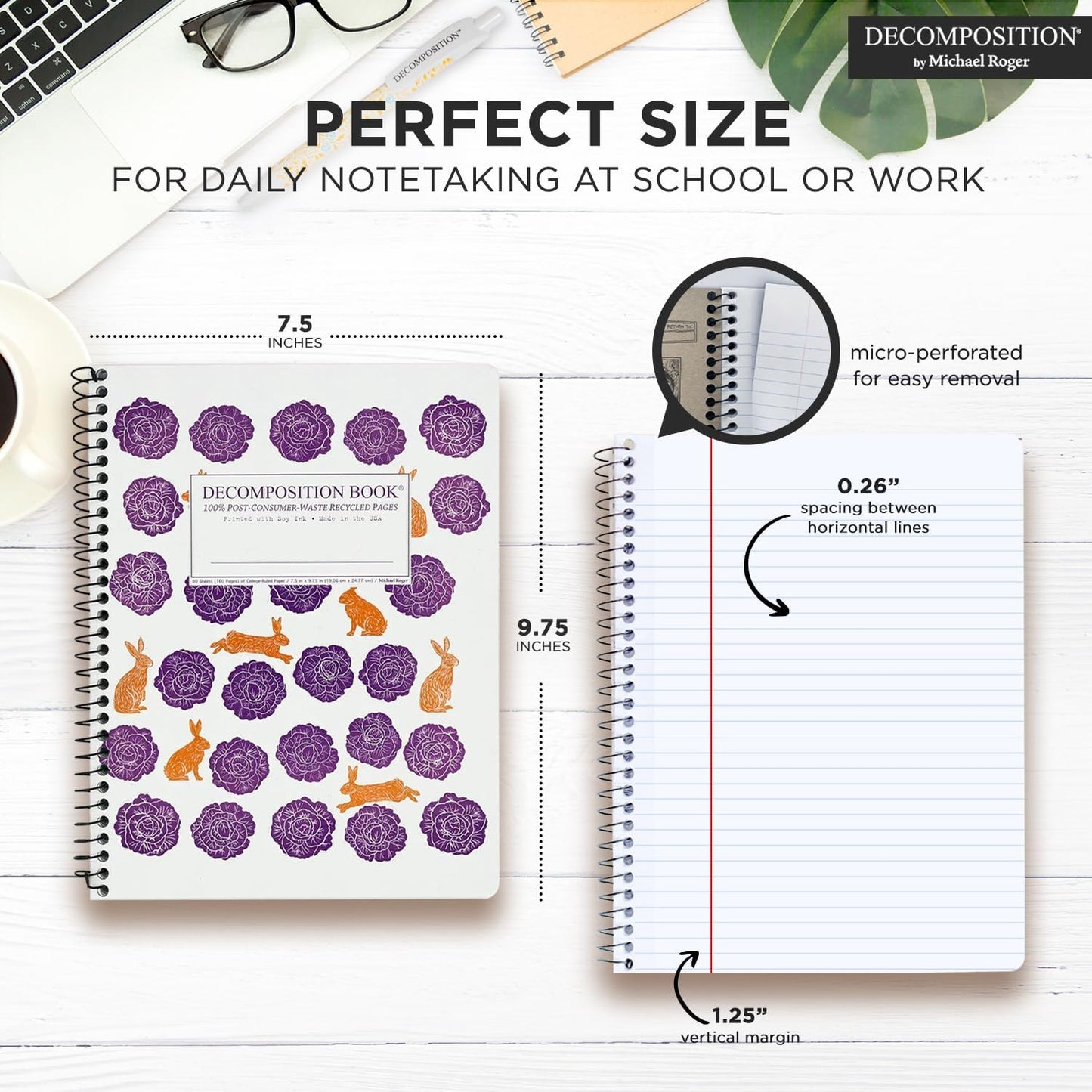 Decomposition Cabbage Patch College Ruled Spiral Notebooks – 9.75 x 7.5 Journal with 160 Lined Pages – Notebooks for School Supplies, Home & Office – 100% Recycled Paper – Made in USA