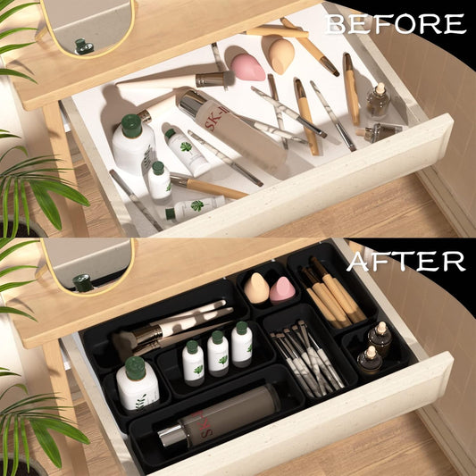 CHANCETSUI 6 PCS Stackable Drawer Organizers Set, Versatile Desk and Vanity Drawer Organizer Trays, Storage Bins for Makeup, Bathroom, Bedroom, Kitchen and Office, Black