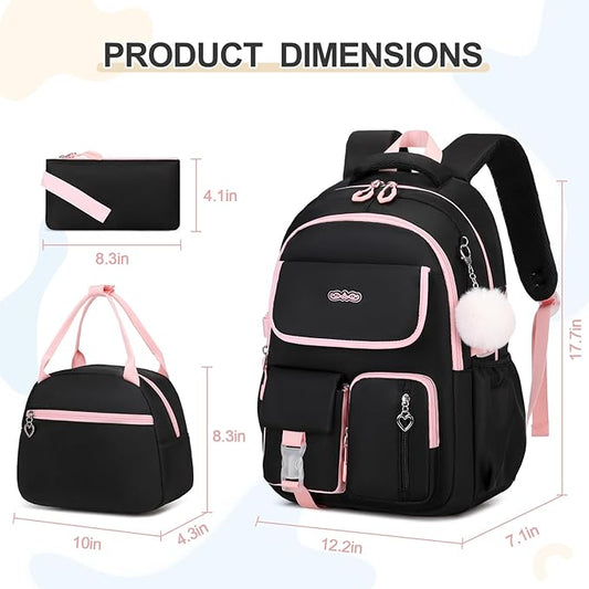 Backpacks for Girls, 3PCS School Backpack with Lunch Box Pencil Pouch for Teen Girls Kids Elementary Primary Middle High College School Bookbag Set (Black-Pink)