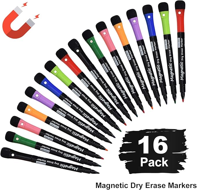 16 Pack Magnetic Dry Erase Markers - Fine Tip (8 Colors) Low Odor Whiteboard Markers for Kids & School, for Whiteboard, Calendar, Refrigerator