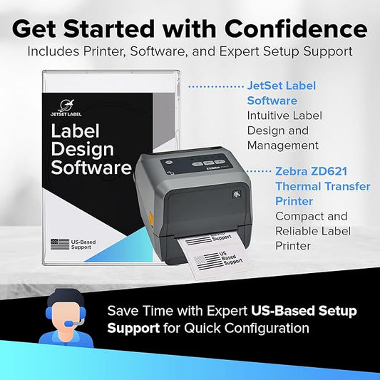 Zebra ZD621 | Thermal Transfer & Direct Thermal Printer ZD6A043-301F00EZ | 300 DPI | USB, USB Host, Ethernet, Serial, BTLE5 Connectivity | Includes Jetset Software