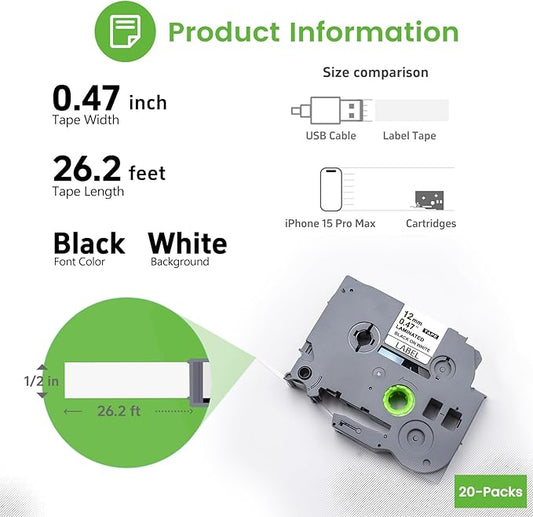 20PK Ptouch Tape 12mm 0.47 Laminated White, Fade Resistant& Waterproof, School/Home/Office/Business Use, Outdoor Label Refills for PT-D220 D210 H110 D200 D400 1280 D610BT