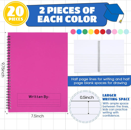 Henoyso 20 Pcs 100/50 Sheets Primary Composition Notebook K-2 Bulk Spiral Primary Journal Drawing Handwriting Practice for Kids Kindergarten 1st 2nd Back to School Supplies (Stylish Color,50 Sheets)