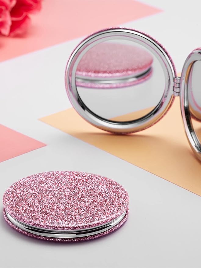 OMIRO 1X/10X Magnifying Compact Mirror with PU Leather, Ultra-Portable for Purses and Travel, Round Pink