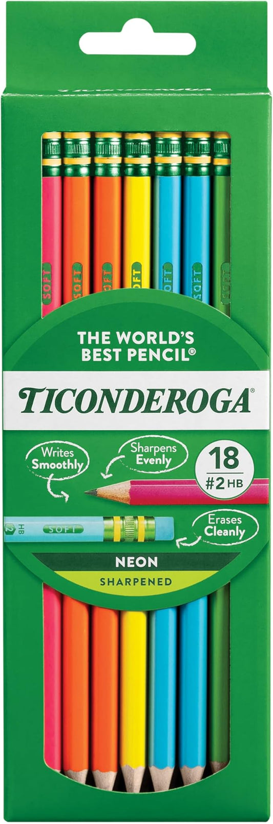 Ticonderoga Neon Pencils, #2 Pre-Sharpened Wood Pencils with Erasers, 18-Count, 13018 (Pack of 6, 108 Count Total)