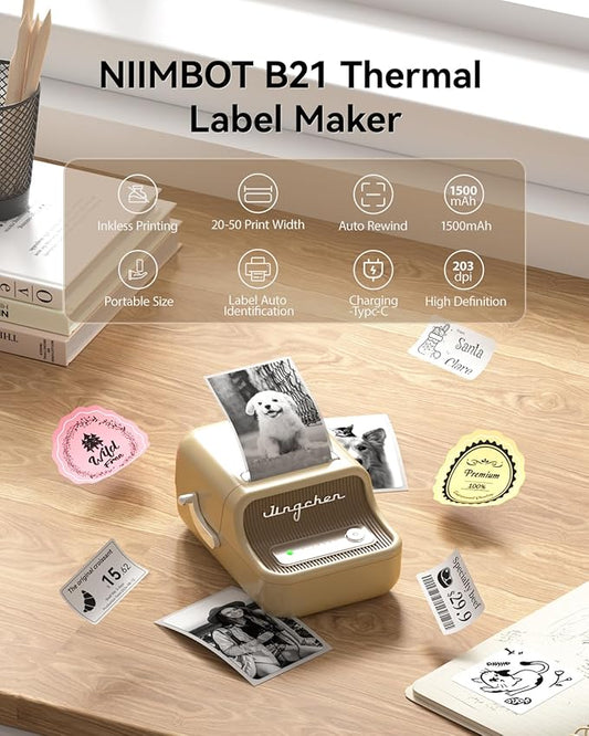 NIIMBOT B21 Label Maker, 2 Inch Portable Thermal Label Printer, Label Maker Machine with Tape, Compatible with Android, iOS & PC,Labeling for Home Storage Office and Small Business,Off-White