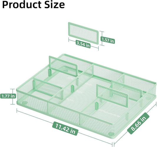 Marbrasse Desk Drawer Organizer, Metal Mesh Drawer Organizer Tray with 5 Adjustable Compartments,Desk Organizers and Accessories for Home,Office,Kitchen,Makeup,Vanity (Green)