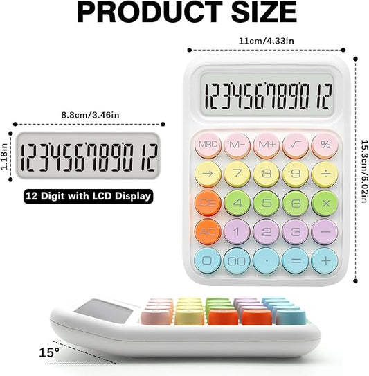 Standard Calculator - Colorful White with 12 Digit Display and Big Buttons, Cute Office and School Accessory