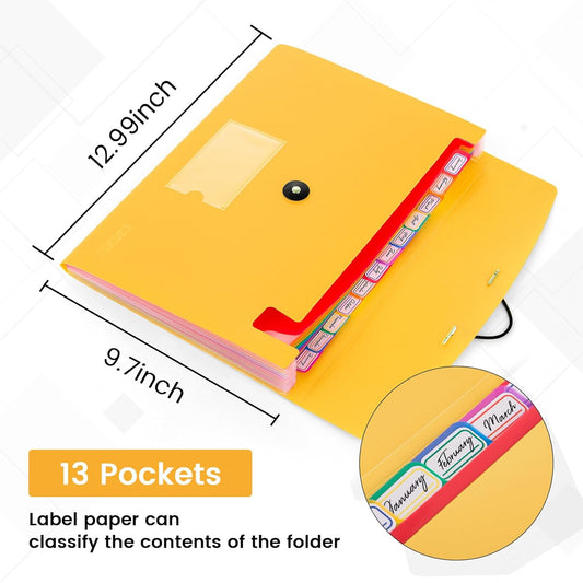 13 Pocket Expanding File Folder Accordian File Organizer, A4 Letter Size Paper Document Receipt Holder for School Office Supplies, Yellow