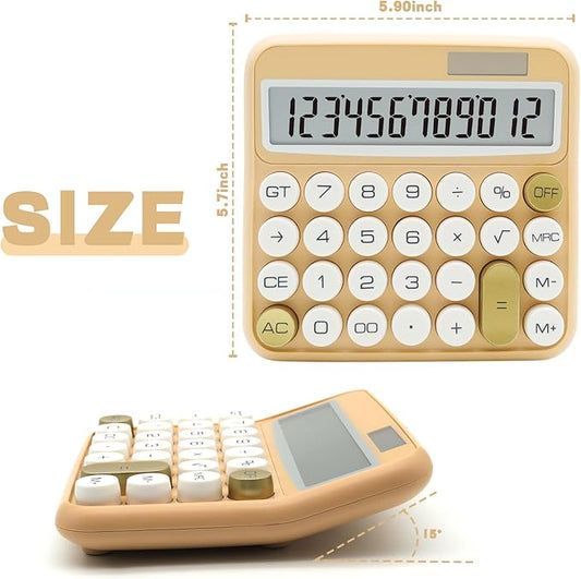Beige Standard 12 Digit Calculator with Large LCD Display and Big Buttons - Cute Office, School, Home, Business Accessory