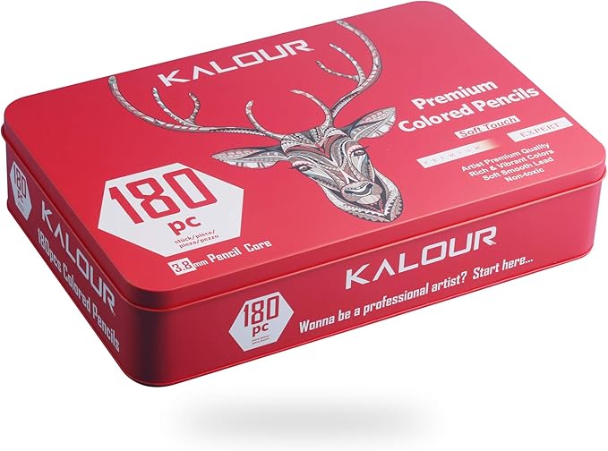 KALOUR 180 Colored Pencil for Artists - Rich Pigment Soft Core - Oil-Based - Ideal for Coloring Drawing Sketching Shading Blending - Vibrant Color(Tin Case)