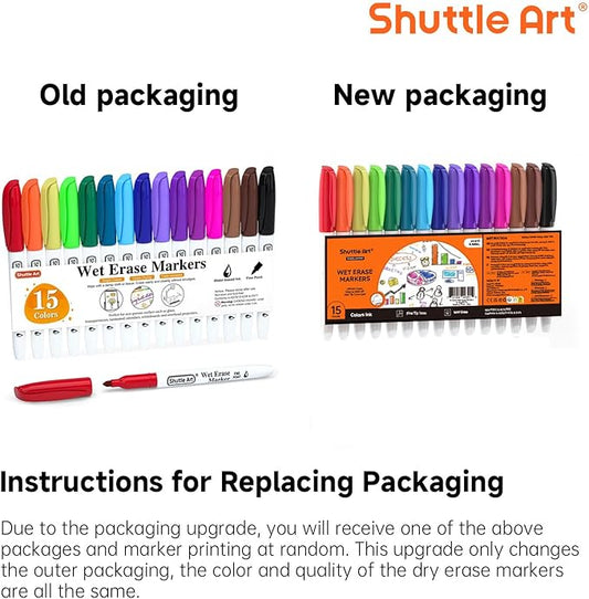 Shuttle Art Wet Erase Markers, 15 Colors 1mm Fine Tip Smudge-Free Markers, Use on Laminated Calendars,Overhead Projectors,Schedules,Whiteboards,Transparencies,Glass,Wipe with Water