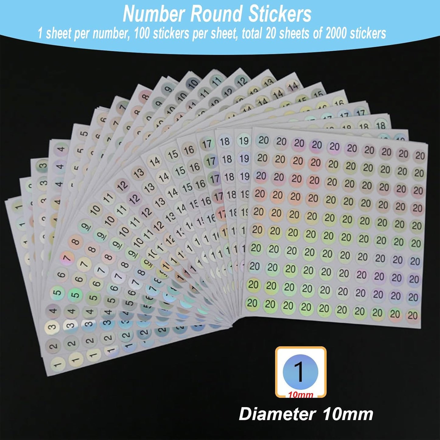 20 Sheets 1 to 20 Waterproof Reflective Laser Number Stickers,Round Self Adhesive Stickers/Inventory/Storage Organizing Sticker