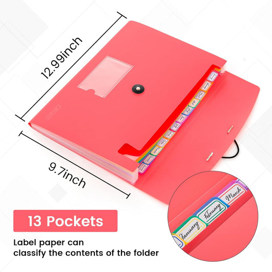 13 Pocket Expanding File Folder Accordian File Organizer, A4 Letter Size Paper Document Receipt Holder for School Office Supplies, Pink