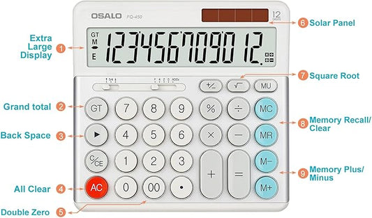 OSALO Desktop Calculator Extra Large Display 12-Digit Big Buttons Accounting Calculators Battery & Solar for Office Business (FQ-450 Extra Large)