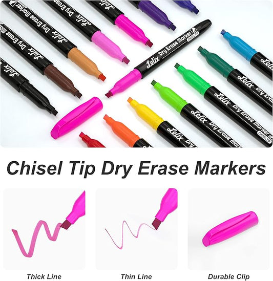 Lelix Dry Erase Markers - 42 Pack, 14 Colors, Chisel Tip, Perfect for Kids & School, Office Use, Whiteboard & Mirror Writing