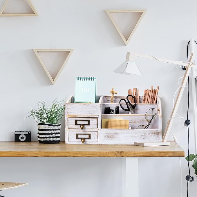 Distressed Rustic Wooden Office Desktop Organizer Shelf Tabletop Home Organizer Storage with Multiple Compartments 2 Tier Drawers perfect Jewelry storage Display Box for Desk Vanity (Washed white)