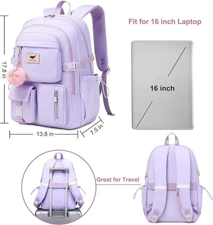 Laptop Backpack 15.6 Inch Kids Elementary Middle High School Bag College Backpacks Anti Theft Travel Back Pack Large Bookbags for Teens Girls Women Students (Purple)